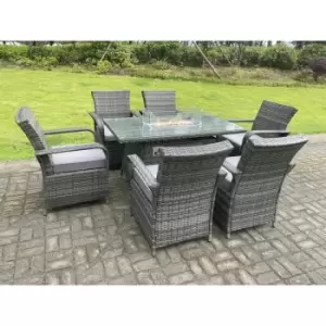 Image of Fimous 6 Seater Outdoor Dark Grey Rattan Lounge Complete Dining Table Set with Gas Fire Pit Round Dining Table and Rectangular Table