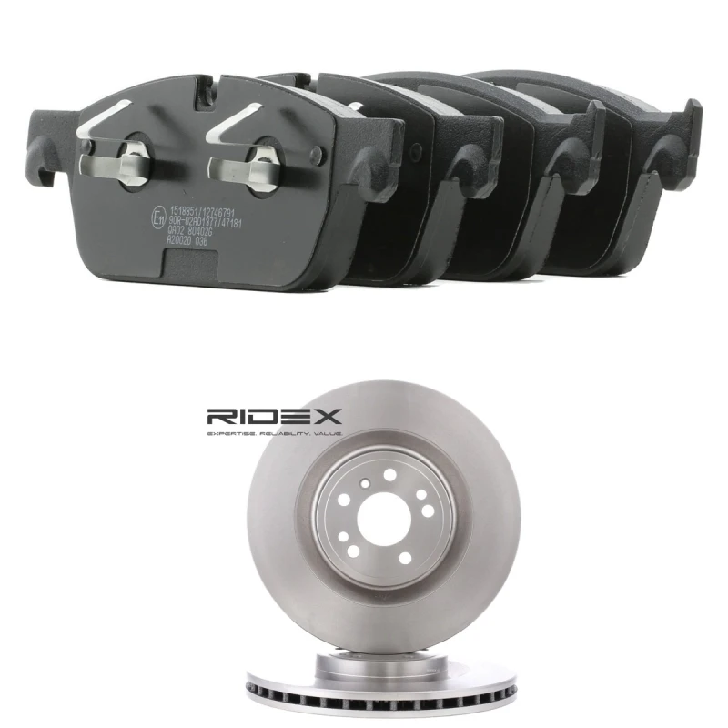 Image of RIDEX 3405B2586 Brake disc and pads set Front Axle, Brake Disc Type: perforated/vented, prepared for wear warning indicator Brake Set,disc brakes (34