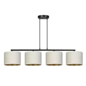 image of Hilde Black Bar Pendant Ceiling Light with White Fabric Shades, 4x E27