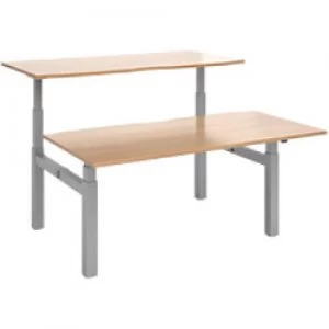 image of Elev8² Rectangular Sit Stand Back to Back Desk with Beech Coloured Melamine Top and Silver Frame 4 Legs Touch 1600 x 1650 x 675 - 1300 mm