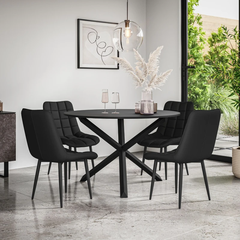 Image of More4Homes Malvern Round Dining Table And Chairs - Black Table Top W Solid Black Oak Legs + Nova Faux Leather Dining Chair Set Of 4 (Black)