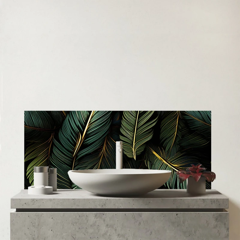 Image of Warren Reed - Designer Green & Gold Leaves Glass Bathroom Splashback Green Unisex
