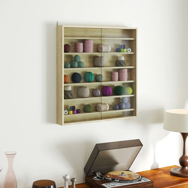 Image of HOMCOM 7-Tier Wall Display Cabinet w/ Shelves Glass Doors in Light Brown Size: Large Light Brown Unisex Large