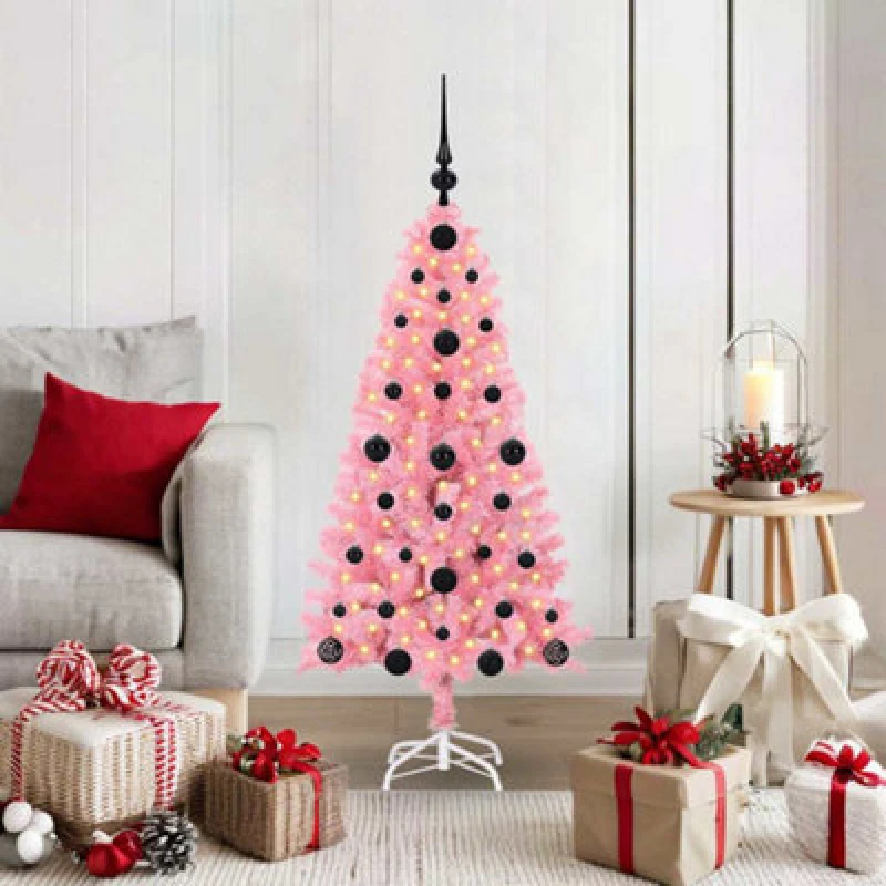 Image of vidaXL Christmas Tree with 150 LEDs, Black Balls with Stand Pink 120cm PVC, Pink 3396408