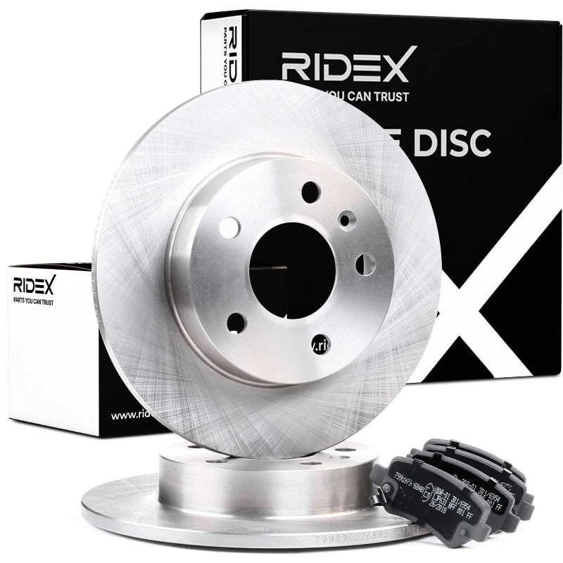 Image of RIDEX 3405B0005 Brake disc and pads set Rear Axle, Brake Disc Type: Solid, with acoustic wear warning Brake Set,disc brakes (3405)