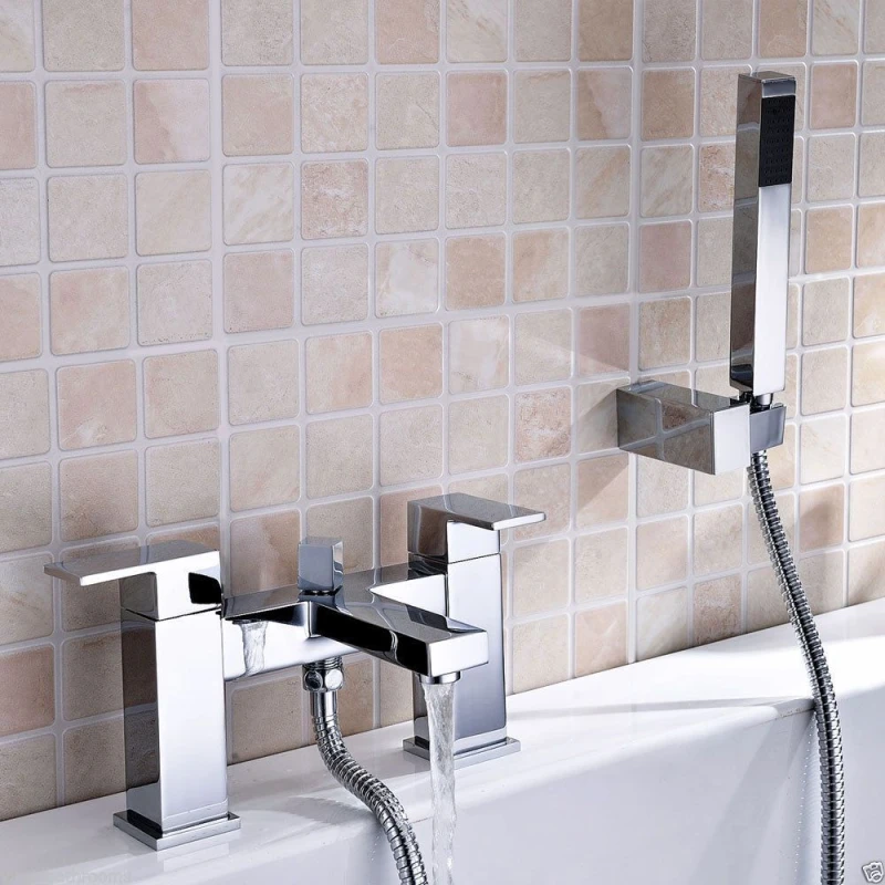 Image of NES HOME Nes Home - Brayton Square Chrome Bridge Deck Mounted Bath Shower Mixer With Shower Handset 8801