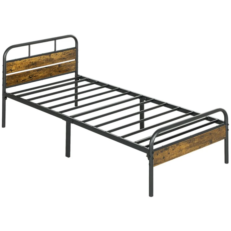 Image of HOMCOM Single Bed Frame with Headboard, No Box Spring Needed, Rustic Brown, Brown 831-869V00RB
