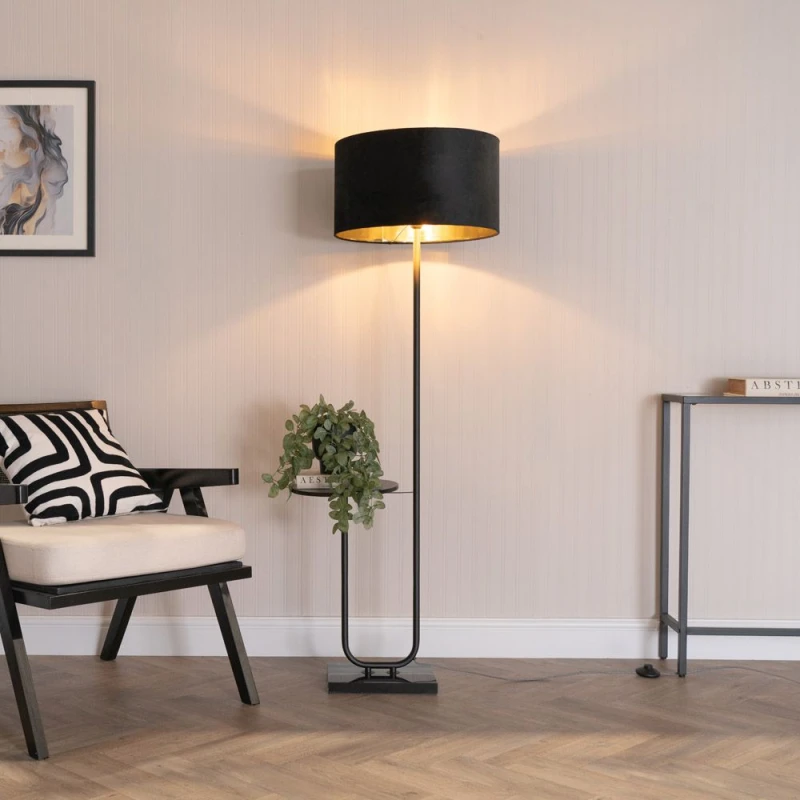 Image of ValueLights ValueLights Tavel Black Floor Lamp with Table and Black Velvet & Gold Lamp Shade and Bulb Black One Size Unisex 5059406061424