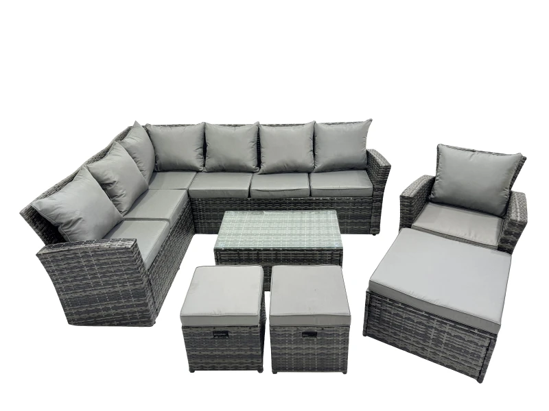 Image of Fimous 10 Seat Rattan High Back Corner Sofa Set Patio Coffee Table Sets With 3 Stools Chair Dark Grey Mixed