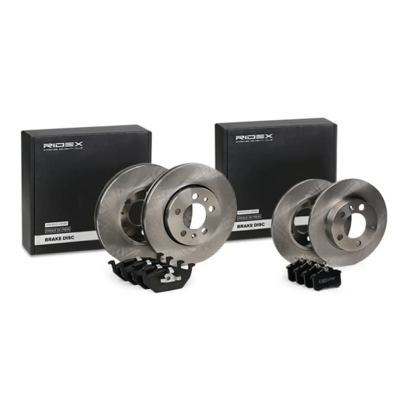 Image of RIDEX 3405B0503 Brake disc and pads set Rear Axle, Brake Disc Type: Solid, not prepared for wear warning indicator Brake Set,disc brakes (3405)