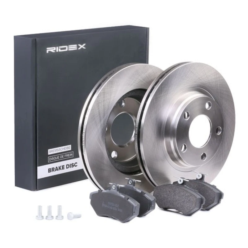 Image of RIDEX 3405B0108 Brake disc and pads set Front Axle, Brake Disc Type: Vented, incl. wear warning contact, with anti-squeak plate Brake Set,disc brakes