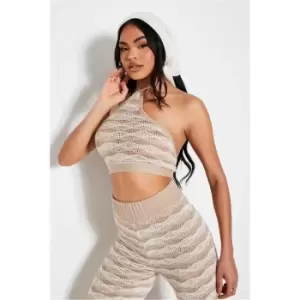Image of I Saw It First Stone Stripe Crochet Halterneck Top Co-Ord - Brown