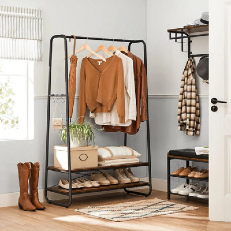 Image of Songmics Vasagle Clothes Rail, Heavy Duty 2 Shelf Clothes Rack, 6 S Hooks And Steel Frame, For Bedroom, Industrial, Rustic Brown And Black