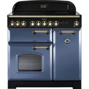 Image of Rangemaster Classic Deluxe CDL90EISB/B 90cm Electric Range Cooker with Induction Hob - Stone Blue / Brass - A/A Rated
