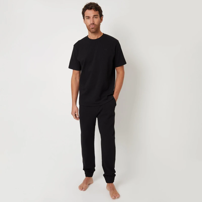 Image of Threadbare Textured Short Sleeve T-Shirt & Jogger Pyjama Set - Black XL