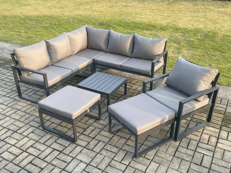 Image of Fimous Outdoor Garden Furniture Set Aluminium Lounge Sofa Square Coffee Table Sets with Chair 2 Big Footstools Indoor Conservatory Set Dark Grey Dark