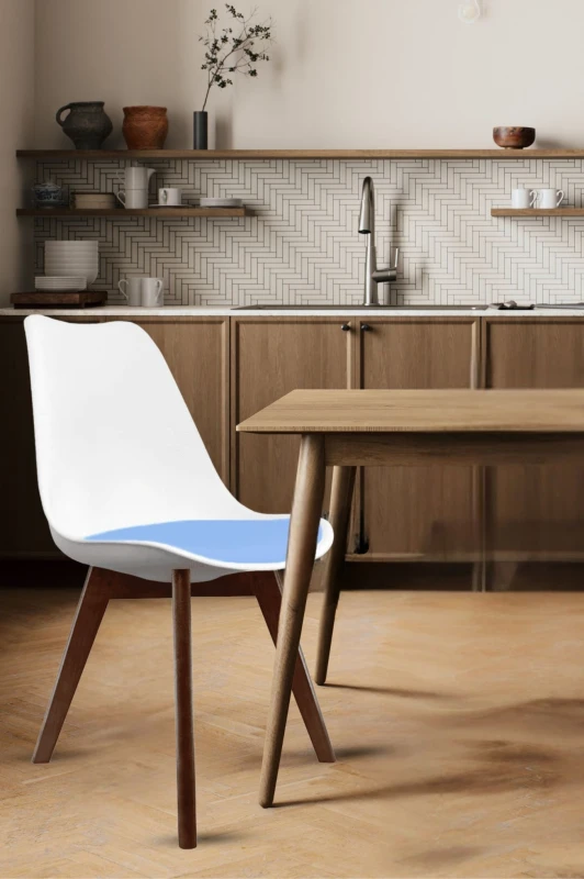 Image of Fusion Living Soho Plastic Dining Chair With Squared Dark Wood Legs White & Light Blue FL1839
