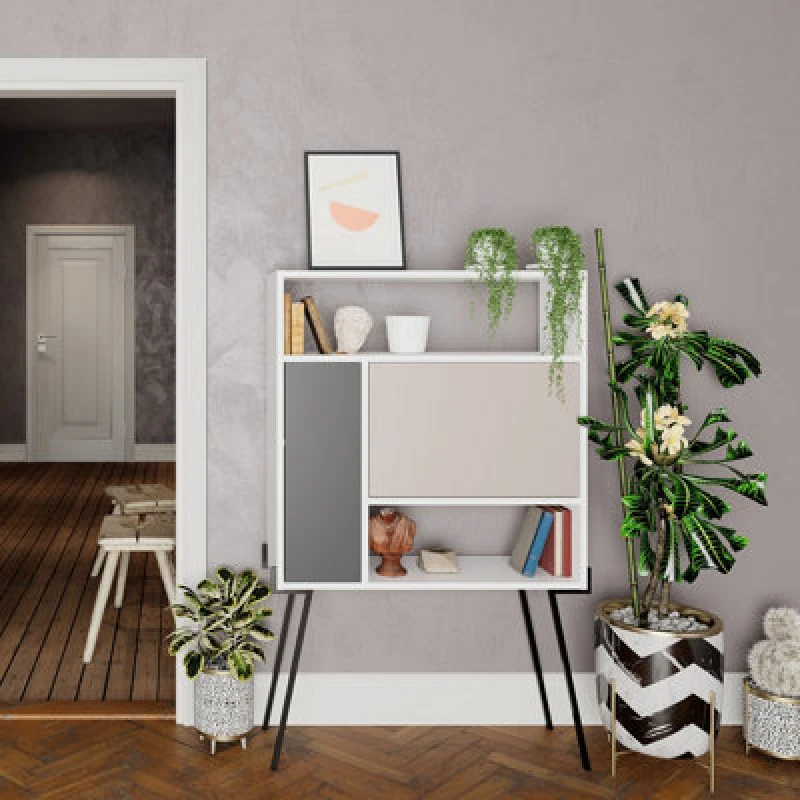 Image of Decortie Tatti Modern Desk White Mocha Grey Anthracite Grey Multipurpose Laptop Modern Desk With Bookcase Width 83.5Cm