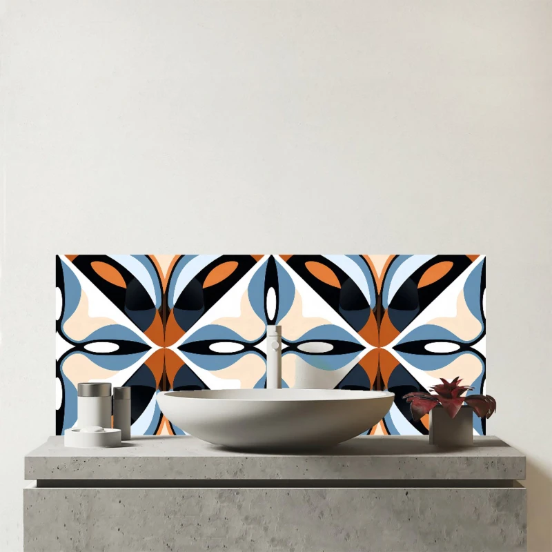 Image of Warren Reed - Designer Brown & Blue Geometric Pattern Glass Bathroom Splashback Blue Unisex