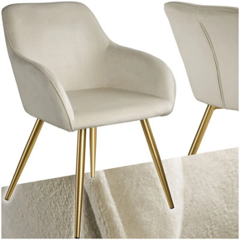 Image of Tectake 1 Chair Marilyn With Velvet Cover, Gold Steel Legs And Plush Padding - Cream/gold