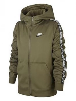 Image of Boys, Nike Sportswear Full Zip Taped Hoodie - Green/White, Green/White Size M 10-12 Years