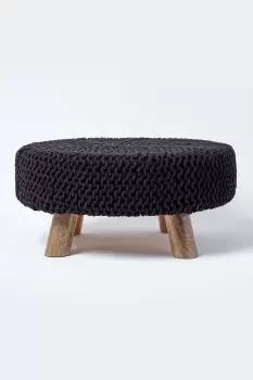 Image of Large Round Cotton Knitted Footstool on Legs