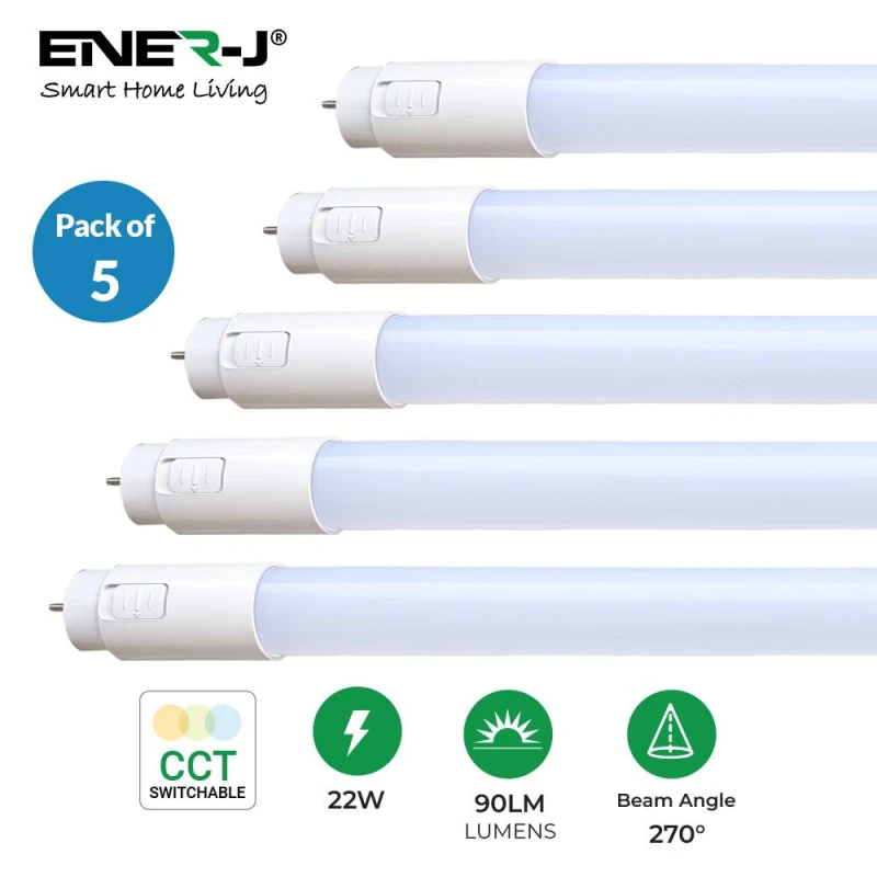 Image of ENER-J Pack of 5 T8 LED Tubes 150cm 22W CCT Adjustable Nano Plastic in White White Unisex
