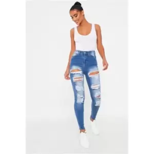 image of I Saw It First Mid Wash Stretch Extreme Distressed Skinny Jeans - Blue