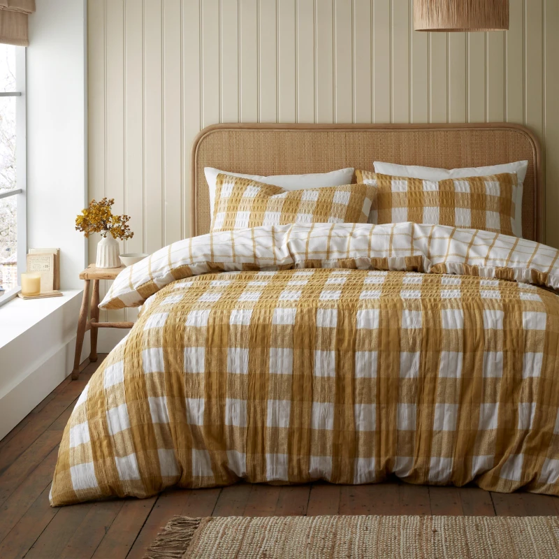 Image of Catherine Lansfield Caramel Gingham Seersucker Duvet Cover and Pillowcase Set