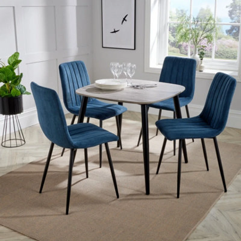 Image of Core Products Aspen Grey Oak Effect 80Cm Square Dining Table With 4 Blue Cord Fabric Straight Stitch Design Chairs