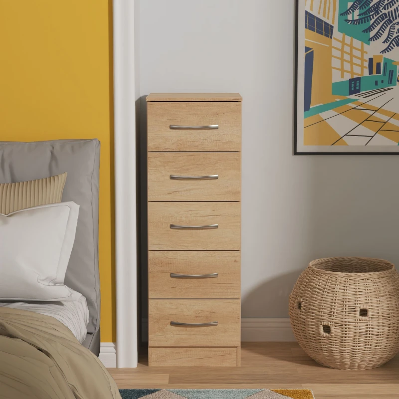 Image of Ready Assembled 2 U Hampshire 5 Drawer Tall Bedside (Ready Assembled) in Light Brown Light Brown Unisex