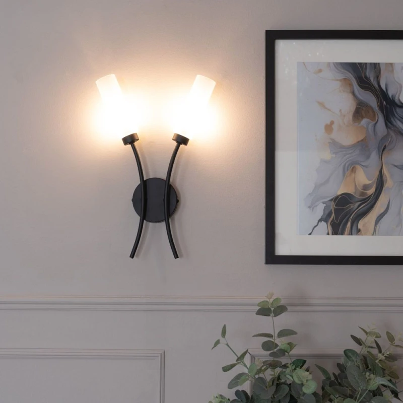 Image of ValueLights Maya Pair of 2 Way Curved Upright Reed Shaded Wall Lights with LED Bulbs Gold