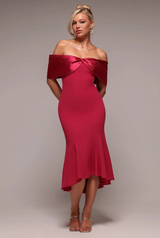 Image of Goddiva Womens Twist Knot Satin & Scuba Bardot High Low Midi Dress in Magenta Size: 10 Magenta Female 10