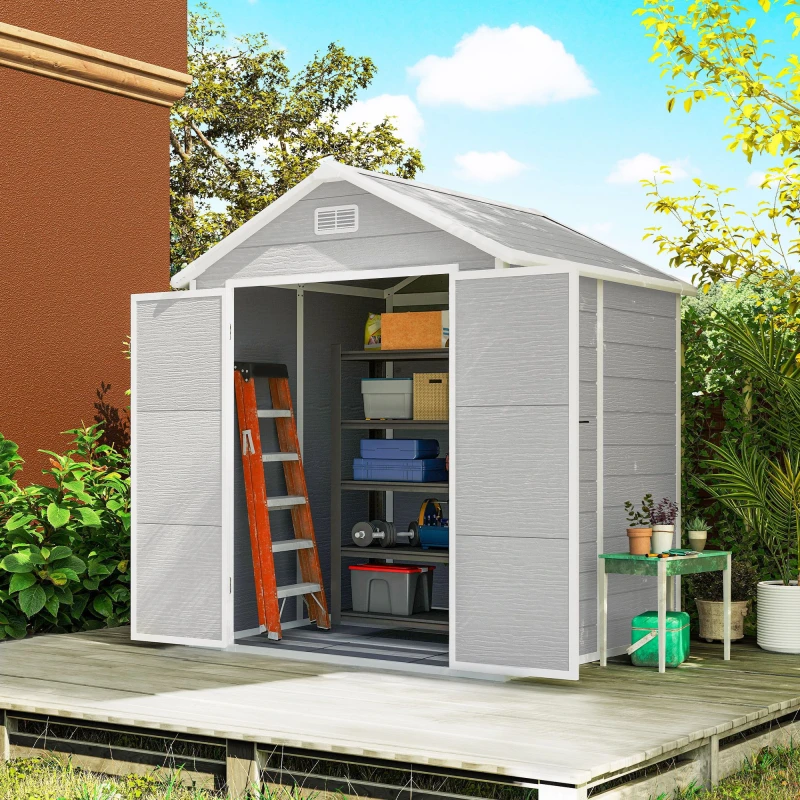 Image of Outsunny 6 x 5ft Resin Garden Shed with Floor and Window, Light Grey Mid Grey