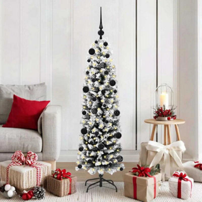 Image of vidaXL Artificial Christmas Tree with 150 LEDs, Black Balls with Stand Snow Flocked Green 150 cm, Green 3395006