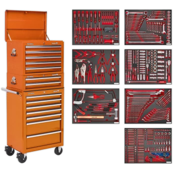 image of Sealey Superline Pro 14 Drawer Roller Cabinet, Mid and Top Tool Chests + 446 Piece Tool Kit Orange