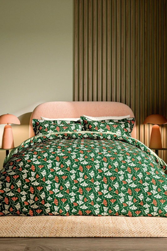 Image of Scion 'Fan Floral' Cotton Duvet Cover Set in Green Size: Super King Green Unisex Super King