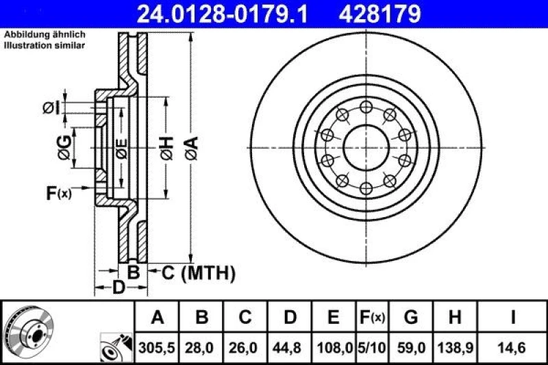 Image of ATE 24.0128-0179.1 Brake disc Vented, Coated Brake Disc (82)