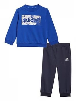 Image of Adidas Infant Unisex Linear Logo Crew & Jog Pant Set, Blue/Navy, Size 12-18 Months