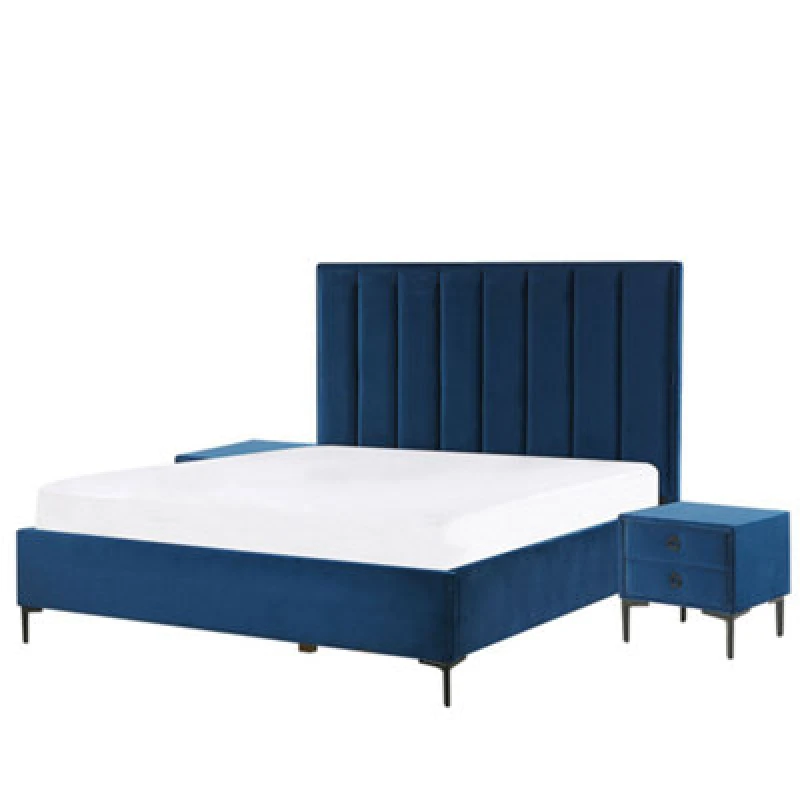 Image of Beliani Bedroom Set Velvet Sezanne 140 X 200 Cm (Eu Double) Navy Blue