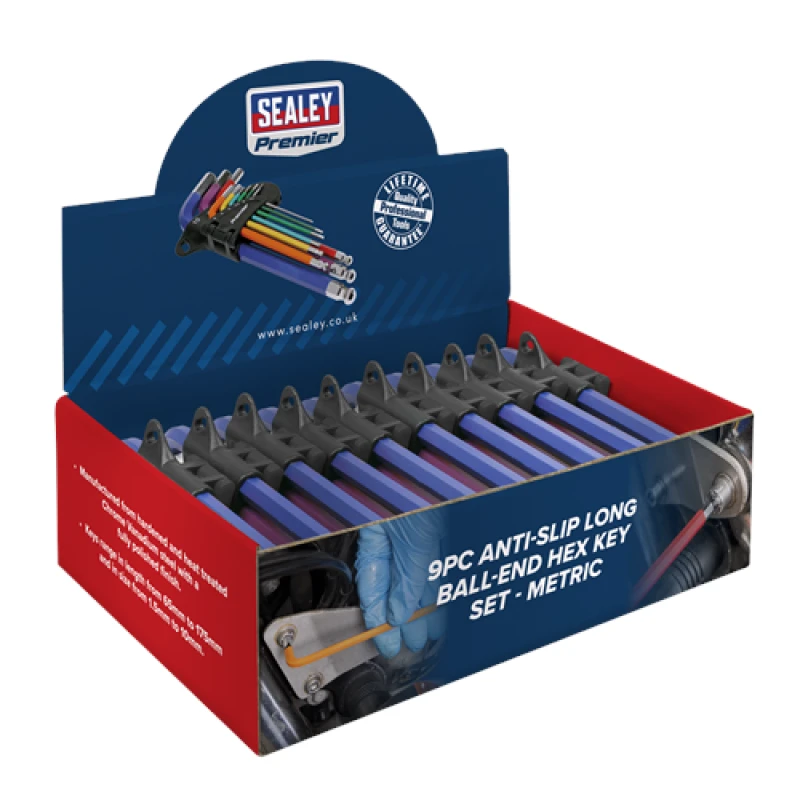 Image of Sealey Premier Ball-End Hex Key Set 9pc Colour-Coded Long Metric - Display Box of 10