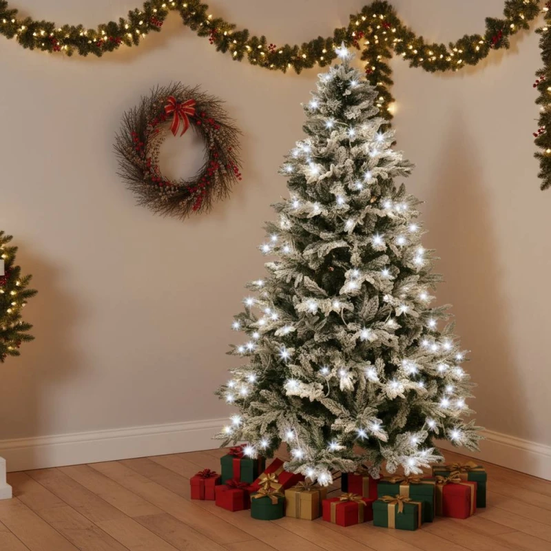 Image of Shatchi Pre-Lit Snow Flocked Christmas Tree with Cool White Lights in Green Size: 5ft Green Unisex 5ft
