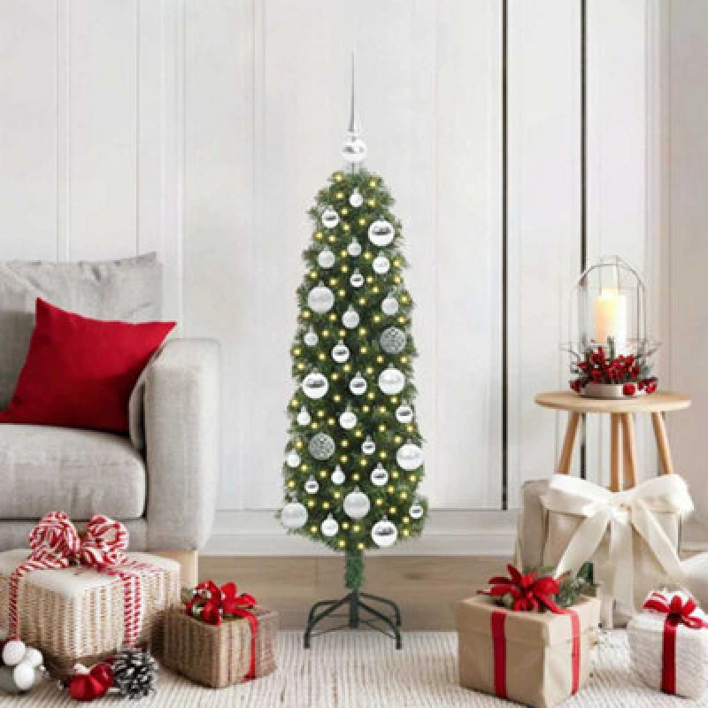 Image of vidaXL Artificial Christmas Tree with 150 LEDs, Silver Balls with Stand Green 120 x 38 cm, Green 3394926