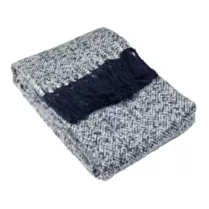 Image of Furn. Weaver Throw Herringbone Design Fringed Edges Acrylic Navy