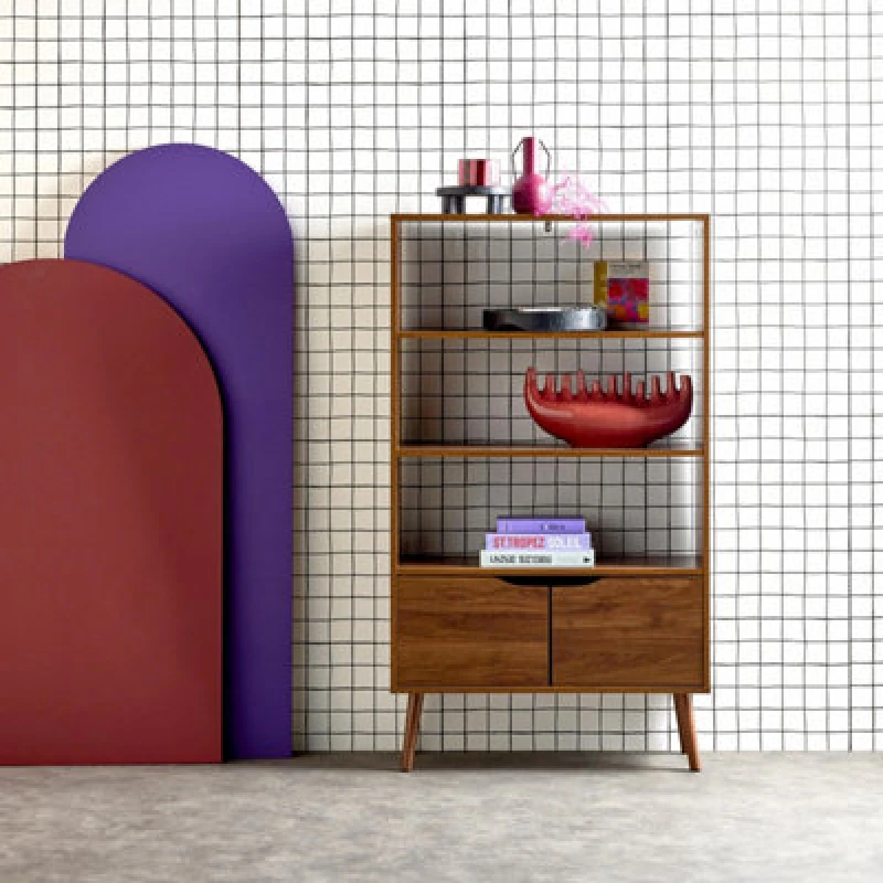 Image of Walnut-Effect Bookshelf 2 Doors 3 Levels Walnut - Sweeek