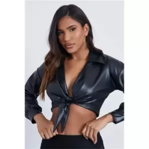 Image of I Saw It First Tie Front Long Sleeve Faux Leather Blouse - Black