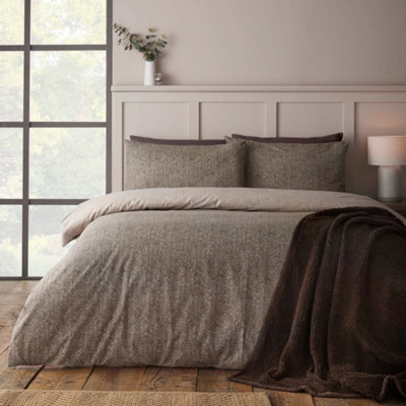 Image of Catherine Lansfield Brushed Herringbone Cotton Reversible Double Duvet Cover Set With Pillowcases Chocolate
