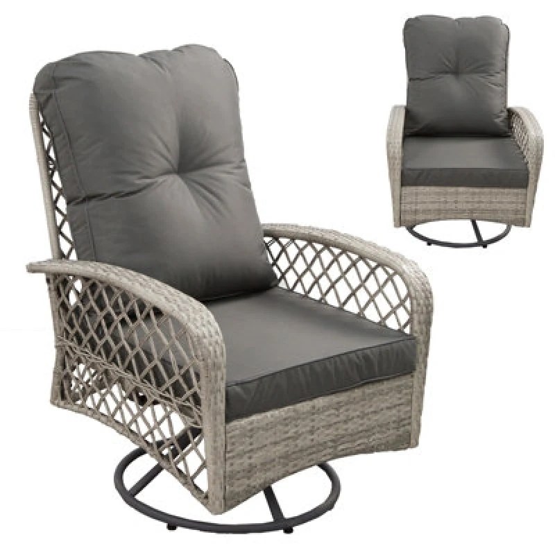Image of Patio Rattan Swivel Chair, 360 Degrees Swivel Lounge Armchair With Soft Cushion, Weatherproof Pe Ratta - Gray