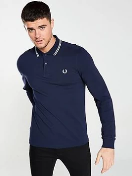 Image of Fred Perry Long Sleeved Twin Tipped Polo Shirt - Navy, Cranberry=Navy Size M Men