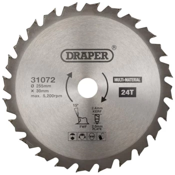 image of 31072 TCT Multi Purpose Circular Saw Blade 255 x 30mm 24T - Draper